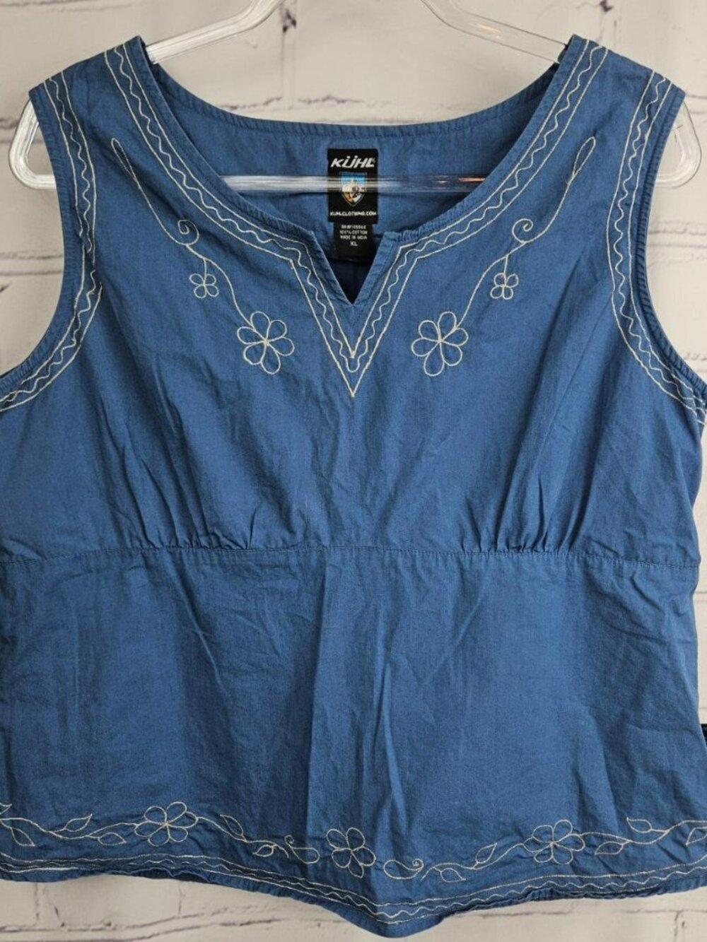 KUHL Womens XL Blue Cotton Sleeveless Top with Floral Embroidered Granola